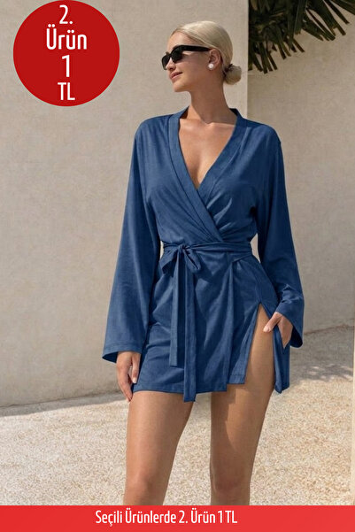 COMBİNE MİCHAİL Kadın Soft V Yaka Kuşaklı Mavi Kimono