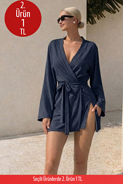 COMBİNE MİCHAİL Kadın Soft V Yaka Kuşaklı Lacivert Kimono