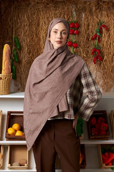 MİRSOY SCARF Ritmik Desen Pamuk Jakar Şal-Koyu Vizon