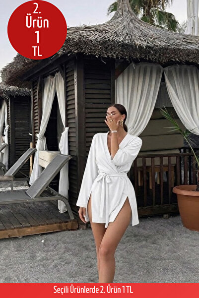 COMBİNE MİCHAİL Kadın Straight Fit Basic Beyaz Mini Kimono