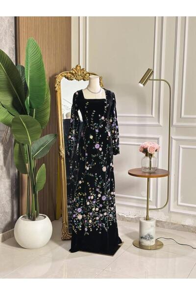 vanus fashion 6882 -فستان تل أسود مطرز بزهور فاخرة ولمسة أنثوية راقية