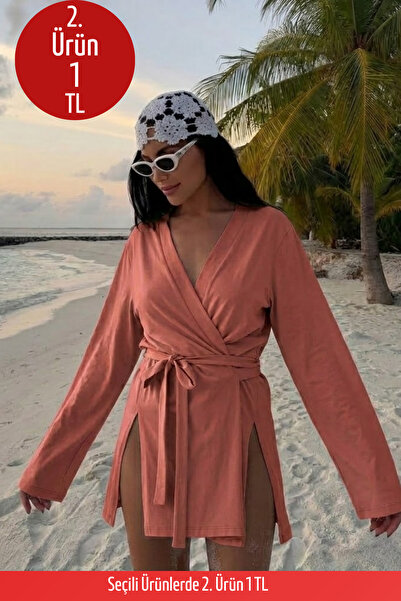 COMBİNE MİCHAİL Kadın V Yaka Salaş Kuşaklı Pembe Kimono