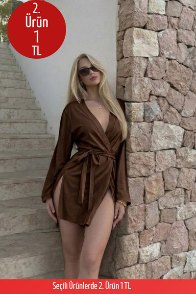 COMBİNE MİCHAİL Kadın Soft Pamuklu Kuşaklı Kahve Kimono