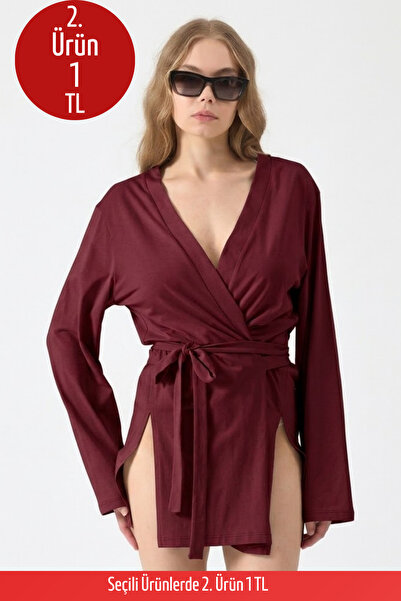 COMBİNE MİCHAİL Kadın Plaj Giyim Rahat Kuşaklı Bordo Kimono