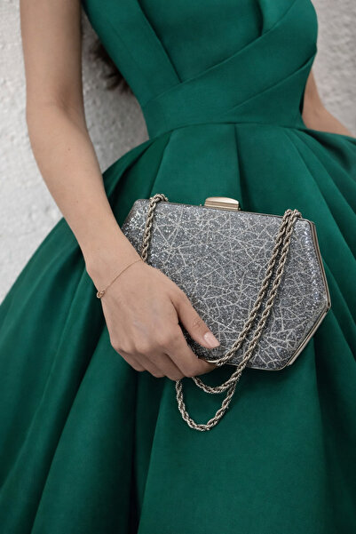 NAZART Women's Complex Shiny Platinum Evening Dress Clutch Chain Strap Handhe...