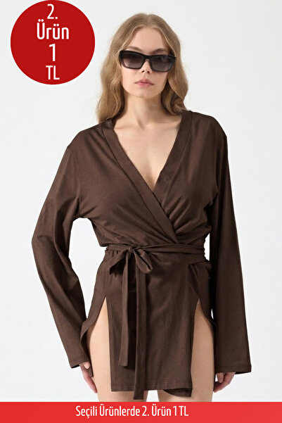 COMBİNE MİCHAİL Kadın Plaj Giyim Rahat Kuşaklı Kahve Kimono