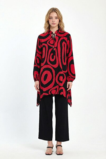bacc Γυναικείο παντελόνι με κόκκινο γεωμετρικό σχέδιο και μακρύ τουνίκ σετ Bc...