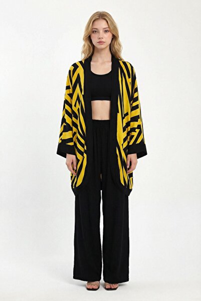 bacc Kimono și pantaloni cu imprimeu galben, mărime maxi, set de top și panta...