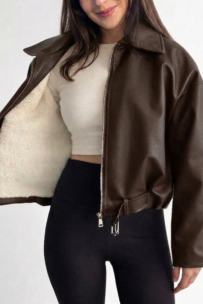 Jaglion Suede Lined Luvren Trend Oversize Bomber Belted Leather Jacket