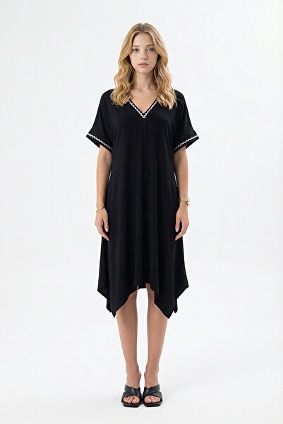 loia Γυναικείο μαύρο ασύμμετρο φόρεμα με λαιμόκοψη V, ριγέ, άνετη εφαρμογή, κ...