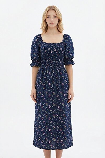 loia Γυναικείο φόρεμα με τετράγωνο γιακά σε μπλε ναυτικό χρώμα, με λουλουδάτο...