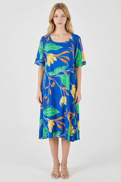 loia Γυναικείο φόρεμα με μοτίβο από φύλλα σαξ, με λαιμόκοψη U, κοντό μανίκι, ...