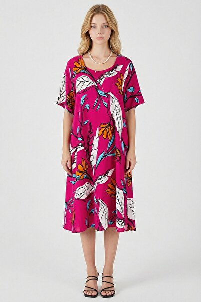 loia Γυναικείο φόρεμα με φούξια σχέδιο με φύλλα, κοντό μανίκι, μίντι μήκος, κ...