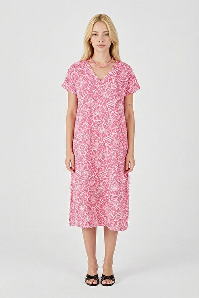 bacc Ροζ Δερμάτινο n V-λαιμόκοψη κοντομάνικη γραμμή Με σχέδιο Midi μήκος Φόρεμα