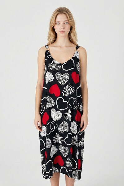 bacc Κόκκινο-Μαύρο Φόρεμα με Λεπτομέρεια από Χάντρες και Τιράντες, Φαρδύ Φόρε...