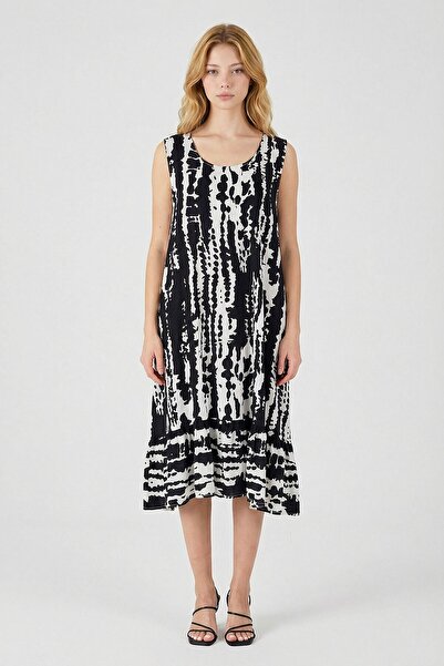 bacc Μαύρο-λευκό οβάλ γιακά διπλό Με τσέπες Με βολάν Αμάνικο μίντι φόρεμα