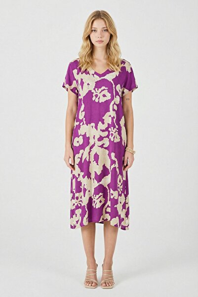 bacc Μωβ φόρεμα Δερμάτινο n με λαιμόκοψη V άνοιγμα Με σχέδιο Midi μήκος