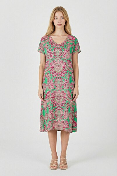 loia Γυναικείο κομψό φόρεμα με ροζ σχέδιο, λαιμόκοψη V, κοντό μανίκι και μήκο...