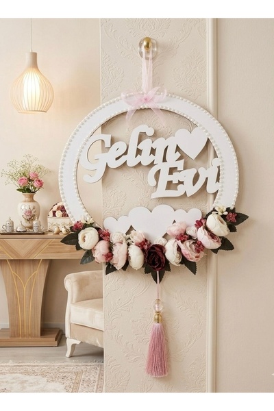 GÜVEN ''Gelin Evi'' Ahşap Kapı Süsü Daire Çiçekli Gelin Odası Daire Şekil