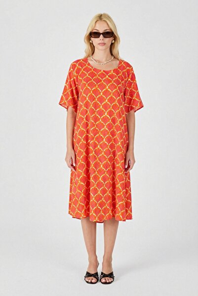 loia Γυναικείο πορτοκαλί φόρεμα με λαιμόκοψη U, κοντό μανίκι, μίντι μήκος, με...