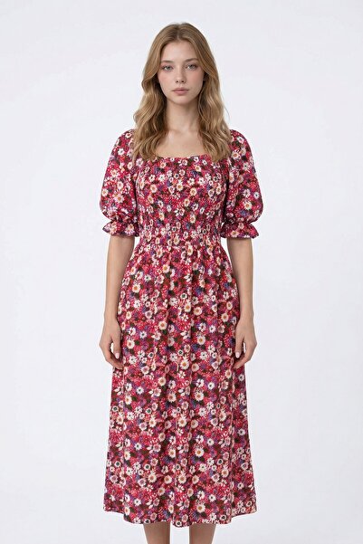 loia Γυναικείο φούξια φόρεμα με τετράγωνο γιακά, υφαντό με λουλουδάτο σχέδιο,...