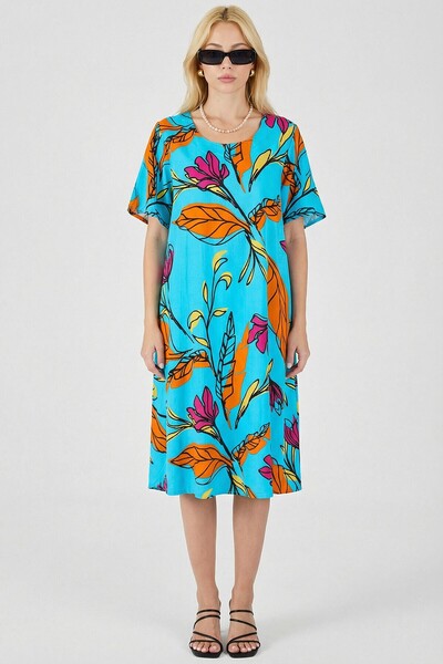 loia Γυναικείο φόρεμα με μπλε φύλλα, με σχέδιο U-λαιμόκοψη, κοντό μανίκι, μίν...