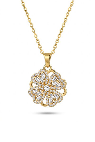 MAVEGA Dönen Çelik Yonca Kolye | 316L Çelik | Zirkon Taş | 45 Cm | Kutulu