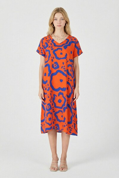 bacc Πορτοκαλί φόρεμα Με σχέδιο Δερμάτινο n με λαιμόκοψη V Midi μήκος