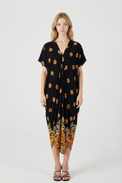 bacc Rochie caftan galbenă cu model cu decolteu în V croi relaxat