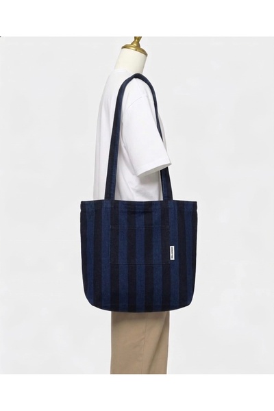 DENİMTİME Lacivert Şeritli Denim Kumaş Unisex Cepli Bez Plaj Çantası