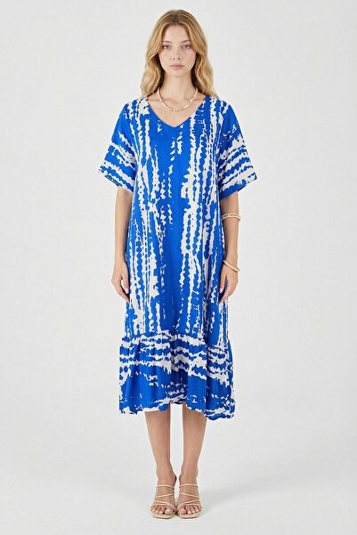 bacc albastru cobalt cu imprimeu batik Fusta cu decolteu în V cu volane supra...