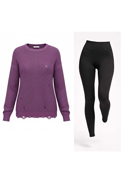 ANATOLIATEKSTILE Set Damă Pulover Lung Oversize + Colanți – Outfit Casual Con...