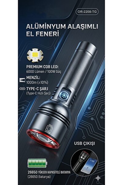 FAVBOX OR-2208-TG 6000 Lümen 100W Güçlü Zoomlu Şarjlı El Feneri