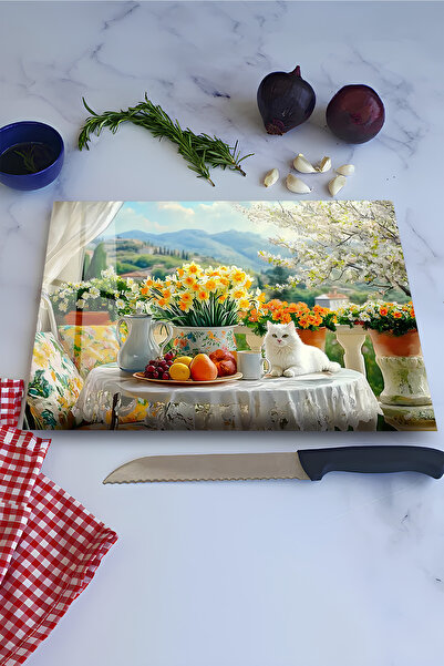 kutuTR Çiçekler ve Beyaz Kedi Manzaralı Temperli Cam Kesme Tahtası 30X40 cm E...