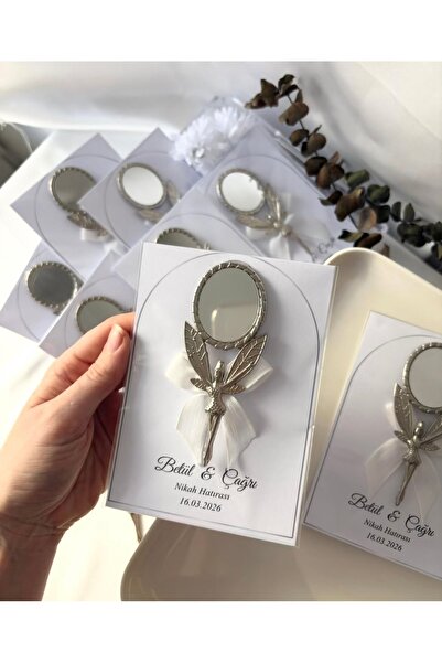 Bianı Tasarım Kartlı Gümüş Renk Melek Ayna, Söz, Nişan, Nikah, Düğün Hediyeli...