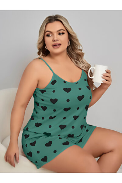 euro click Large Size Women's Green Heart Patterned Strap Shorts Pajama Set C...