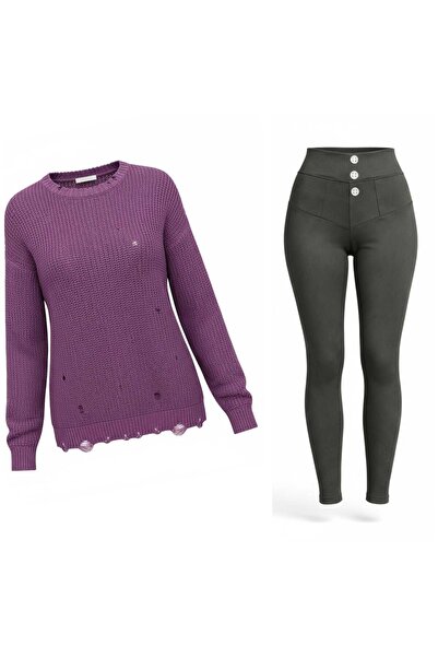 ANATOLIATEKSTILE Set Damă Pulover Lung Oversize + Colanți – Outfit Casual Con...