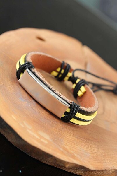 Inure Jewelry Yellow Black Color Leather Men's Bracelet with Metal Accessories