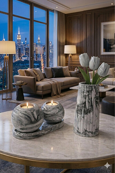 MorVilla Mermer Desenli 4 Parça Dekoratif Set - Vazo, 2'li Küre Mumluk ve Sun...