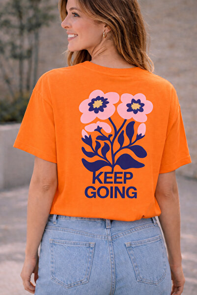 ArtYus Keep Going Text and Flower Printed Unisex Oversized T-Shirt – Back Pri...