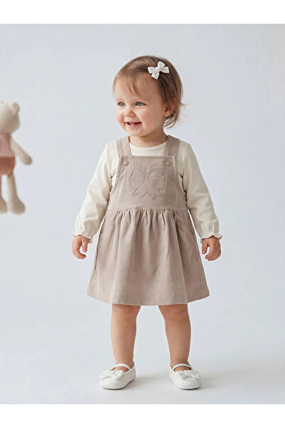 LC Waikiki Lcw Baby Brown Embroidered Baby Girl Salopet Dress and T-Shirt