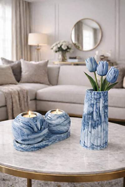 MorVilla Mermer Desenli 4 Parça Dekoratif Set - Vazo, 2'li Küre Mumluk ve Sun...