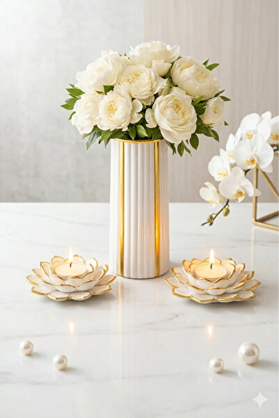 MorVilla Lotus Çiçeği Altın-Gümüş Detaylı Mumluk ve Vazo Seti - Lüks Ev Dekor...