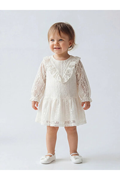 LC Waikiki LCW baby Ekru Bebe Yaka Dantelli Kız Bebek Elbise