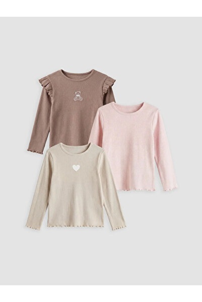 LC Waikiki Lcw Baby Brown Embroidered Baby Girl T-Shirt 3-Pack