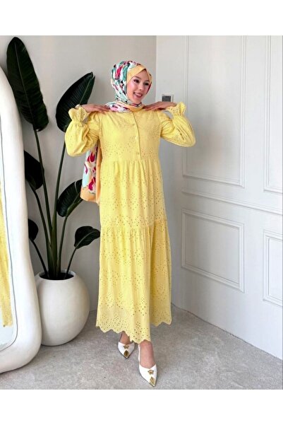 Modamorfo Rochie Robadan cu detalii din dantelă și jumătate de nasturi - galbenă