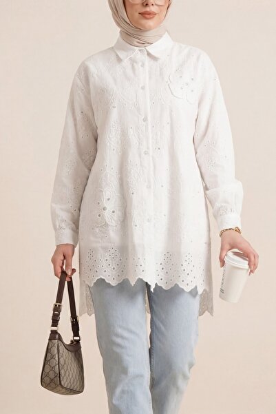 Modamorfo Organza Tulle Detail Inch Buttoned Long Back Tunic with Eyelet Embr...