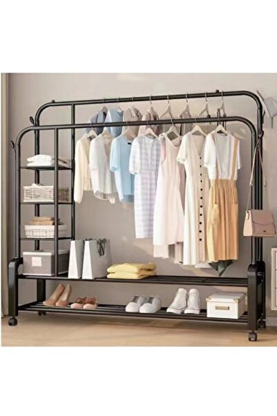 EMATTEIRO Double Hanger and Clothes Rack, Metal Stand with Shoe Rack and Whee...