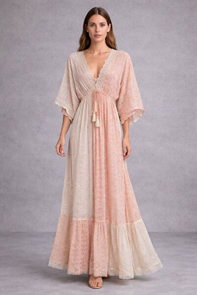 Generic Bohemian Style Maxi Dress with Short Sleeves and Embroidery