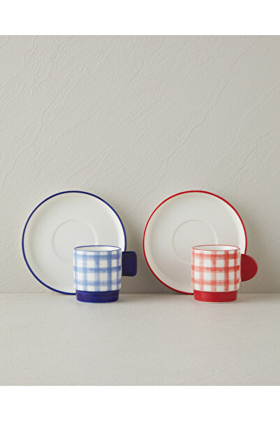 English Home Check & Sip Porcelain 4 Piece Coffee Cup Set for 2 People 90 ml ...